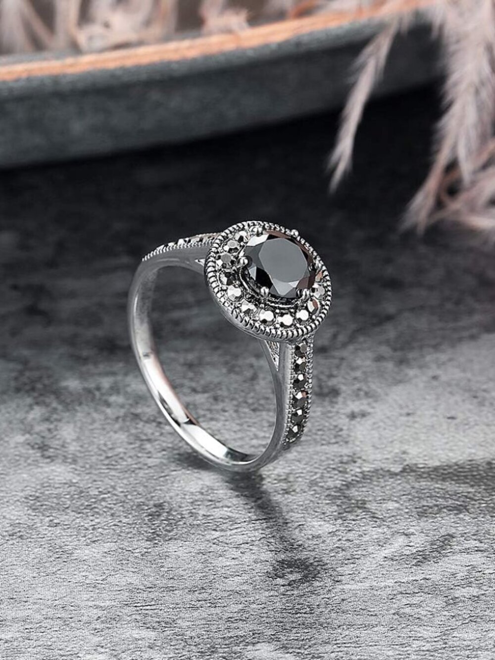 Vintage Wide Ring Classic Black Marcasite Crystal Rows Statement Silver Chunky R - Picture 5 of 6